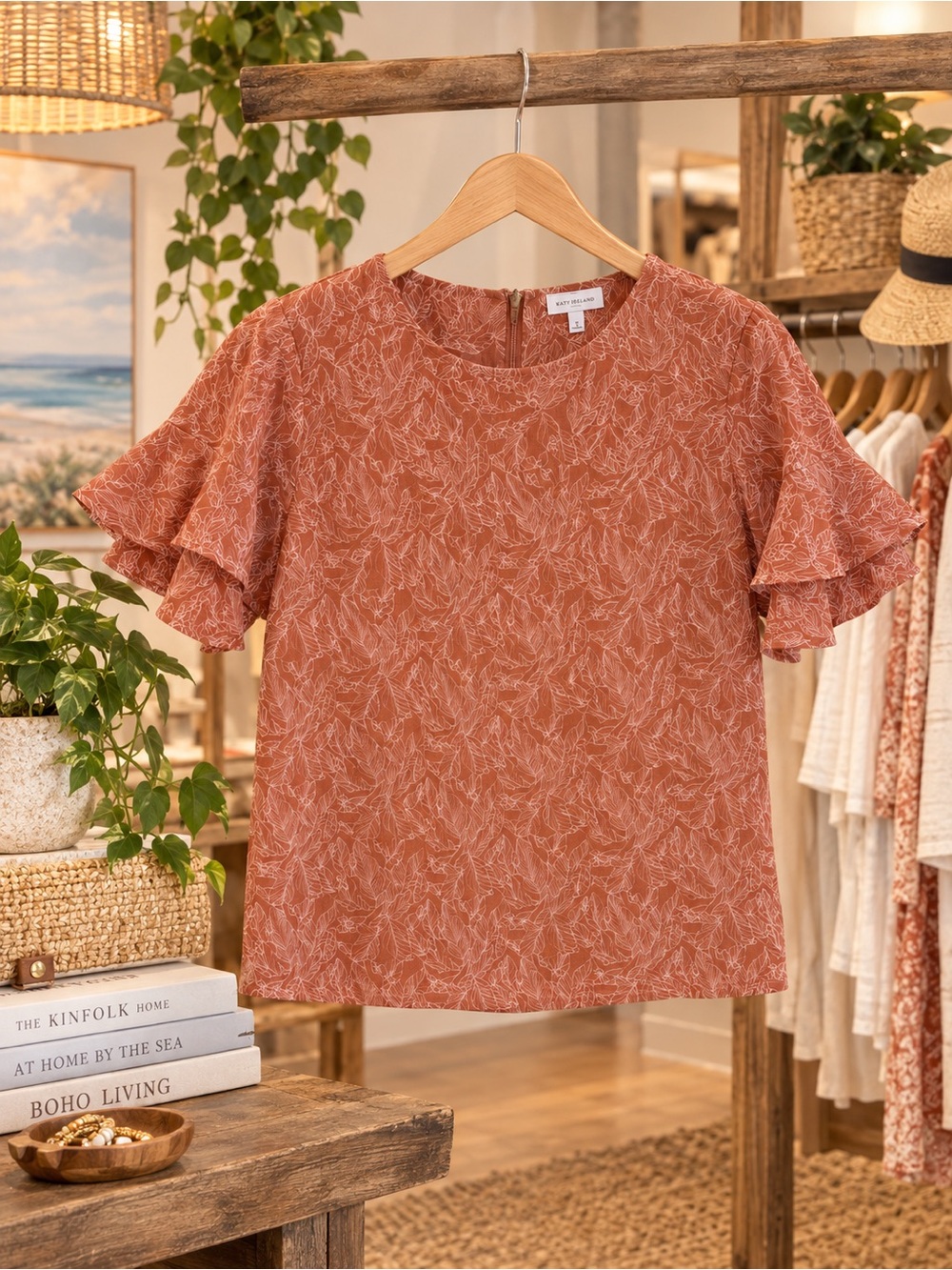 Chelsea & Theodore Rust Floral Ruffle Sleeve Blouse